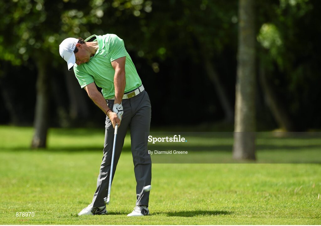 18 June 2014; Rory McIlroy playes his second shot from the fifth fairway during the 2014 Irish Open Golf Championship Pro-Am. Fota Island, Cork. Picture credit: Diarmuid Greene / SPORTSFILE