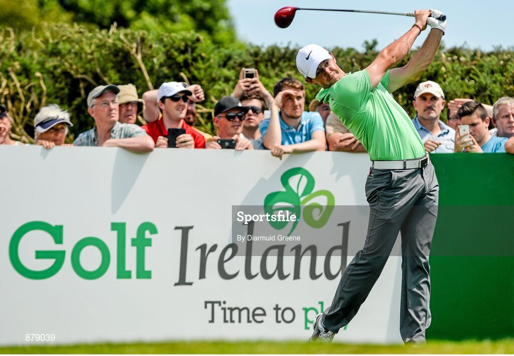 18 June 2014; Rory McIlroy watches his drive from the second tee box during the 2014 Irish Open Golf Championship Pro-Am. Fota Island, Cork. Picture credit: Diarmuid Greene / SPORTSFILE