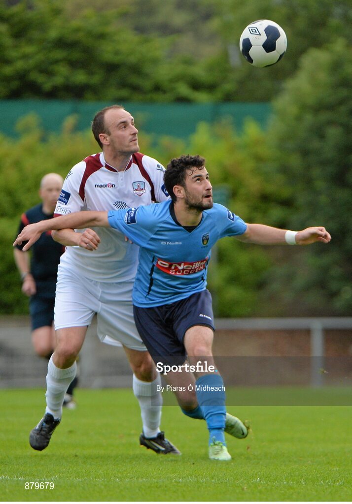 6 June 2014; Samir Belhout, UCD, in action against Martin Colleely, Galway. FAI Ford Cup, 2nd Round, UCD v Galway, UCD Bowl, Belfield, Dublin. Picture credit: Piaras Ó Mídheach / SPORTSFILE