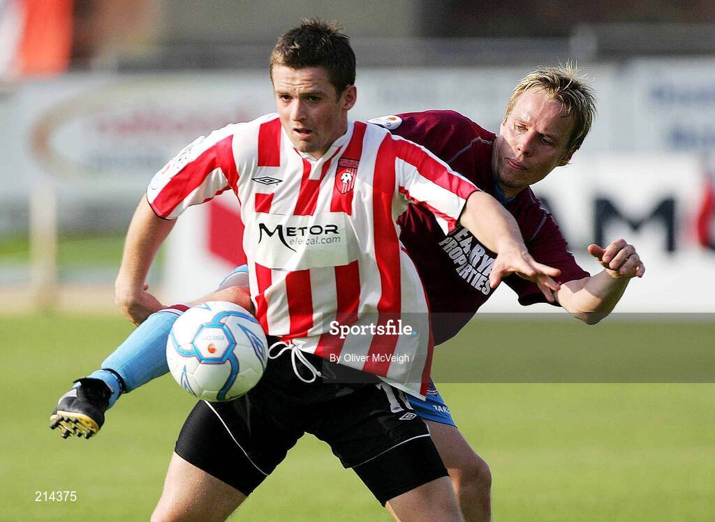 4 July 2006; Kevin Mc Hugh, Derry City, in action against Sami Ristila, Drogheda United. eircom League Cup, Quarter-Final, Derry City v Drogheda United, Brandywell, Derry. Picture credit: Oliver McVeigh / SPORTSFILE