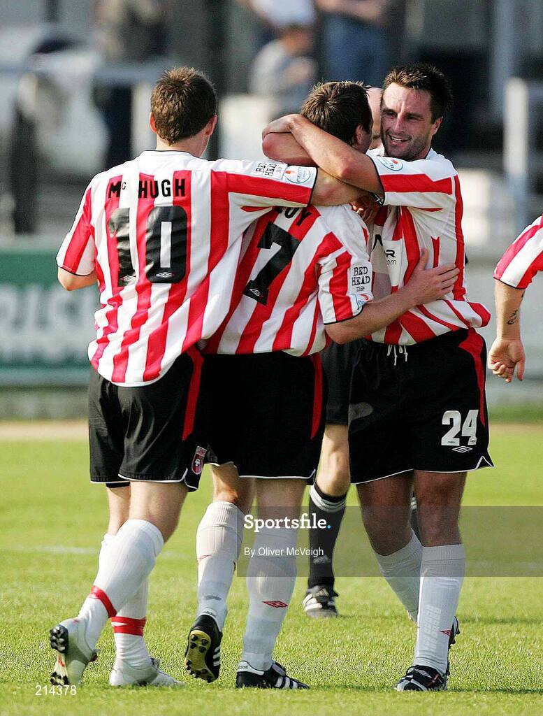 4 July 2006; Barry Molloy, Derry City, 17, is congratulated after scoring by Darren Kelly and Kevin Mc Hugh. eircom League Cup, Quarter-Final, Derry City v Drogheda United, Brandywell, Derry. Picture credit: Oliver McVeigh / SPORTSFILE