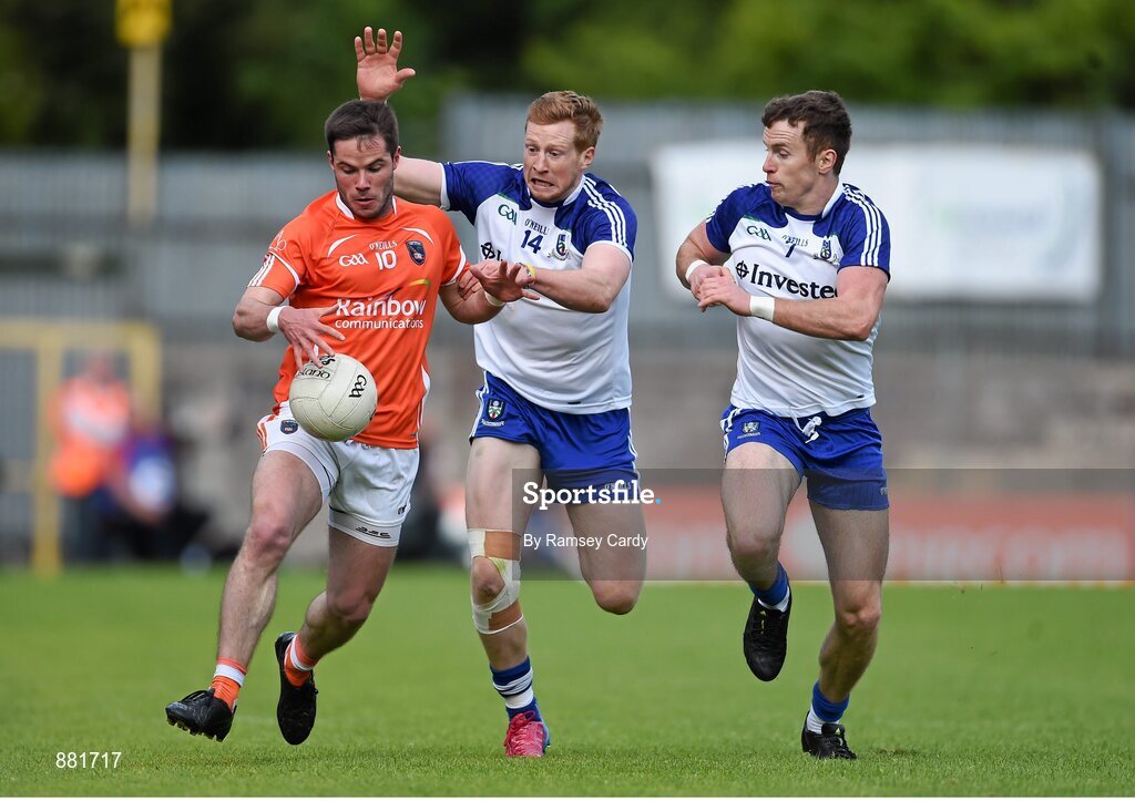 28 June 2014; Eugene McVerry, Armagh, in action against Kieran Hughes, left, and Fintan Kelly, Monaghan. Ulster GAA Football Senior Championship, Semi-Final, Armagh v Monaghan, St Tiernach's Park, Clones, Co. Monaghan. Picture credit: Ramsey Cardy / SPORTSFILE