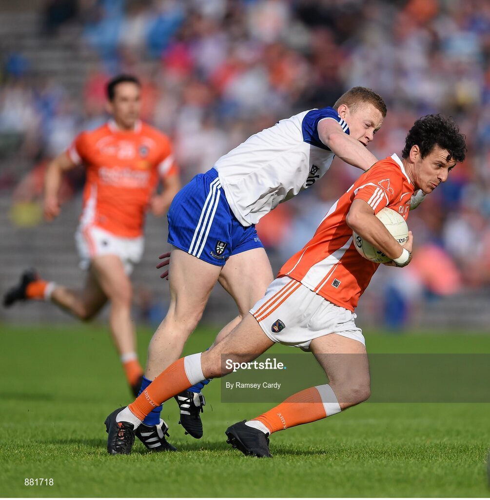 28 June 2014; Jamie Clarke, Armagh, in action against Colin Walshe, Monaghan. Ulster GAA Football Senior Championship, Semi-Final, Armagh v Monaghan, St Tiernach's Park, Clones, Co. Monaghan. Picture credit: Ramsey Cardy / SPORTSFILE
