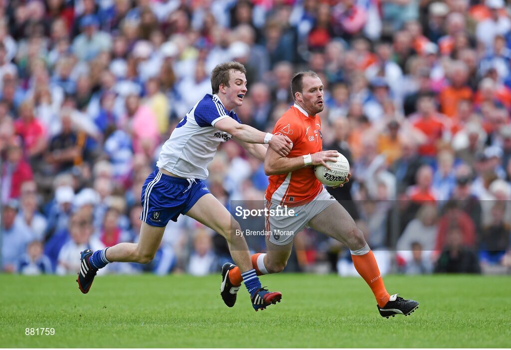 28 June 2014; Ciaran McKeever, Armagh, in action against Jack McCarron, Monaghan. Ulster GAA Football Senior Championship, Semi-Final, Armagh v Monaghan, St Tiernach's Park, Clones, Co. Monaghan. Picture credit: Brendan Moran / SPORTSFILE