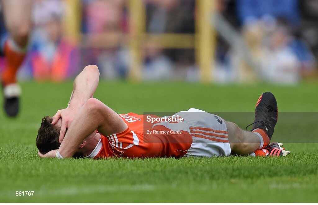 28 June 2014; Armagh's Finnian Moriarty after an incident which resulted in Monaghan's Conor McManus receiving a black card. Ulster GAA Football Senior Championship, Semi-Final, Armagh v Monaghan, St Tiernach's Park, Clones, Co. Monaghan. Picture credit: Ramsey Cardy / SPORTSFILE
