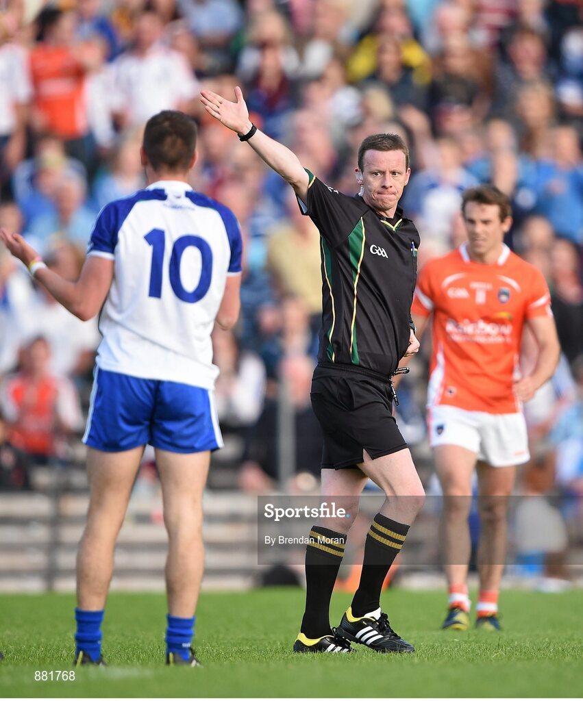 28 June 2014; Referee Joe McQuillan awards a free to Armagh who kicked a point to equalise and send the game to a replay. Ulster GAA Football Senior Championship, Semi-Final, Armagh v Monaghan, St Tiernach's Park, Clones, Co. Monaghan. Picture credit: Brendan Moran / SPORTSFILE