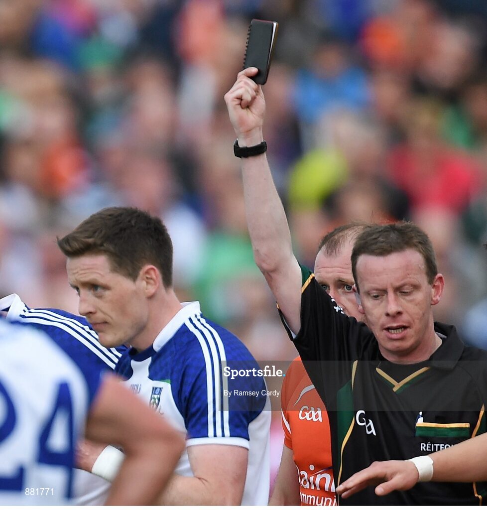28 June 2014; Referee Joe McQuillan awards Monaghan's Conor McManus a black card. Ulster GAA Football Senior Championship, Semi-Final, Armagh v Monaghan, St Tiernach's Park, Clones, Co. Monaghan. Picture credit: Ramsey Cardy / SPORTSFILE