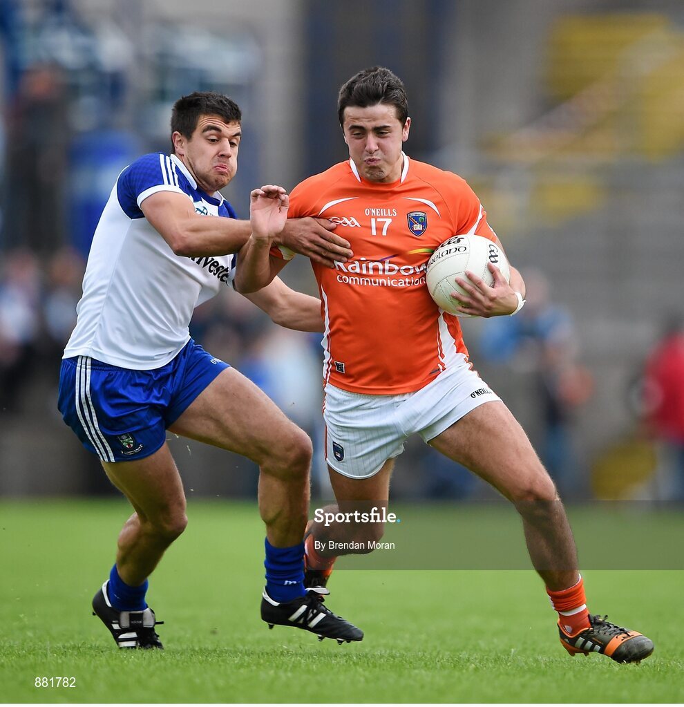 28 June 2014; Stefan Campbell, Armagh, in action against Drew Wylie, Monaghan. Ulster GAA Football Senior Championship, Semi-Final, Armagh v Monaghan, St Tiernach's Park, Clones, Co. Monaghan. Picture credit: Brendan Moran / SPORTSFILE