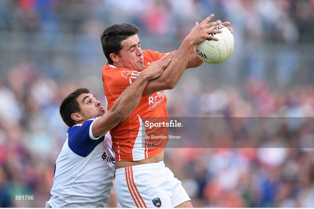 28 June 2014; Stefan Campbell, Armagh, in action against Drew Wylie, Monaghan. Ulster GAA Football Senior Championship, Semi-Final, Armagh v Monaghan, St Tiernach's Park, Clones, Co. Monaghan. Picture credit: Brendan Moran / SPORTSFILE
