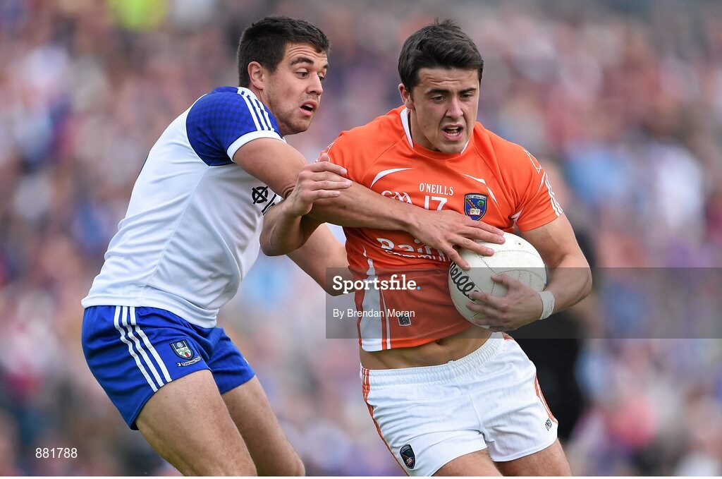 28 June 2014; Stefan Campbell, Armagh, in action against Drew Wylie, Monaghan. Ulster GAA Football Senior Championship, Semi-Final, Armagh v Monaghan, St Tiernach's Park, Clones, Co. Monaghan. Picture credit: Brendan Moran / SPORTSFILE