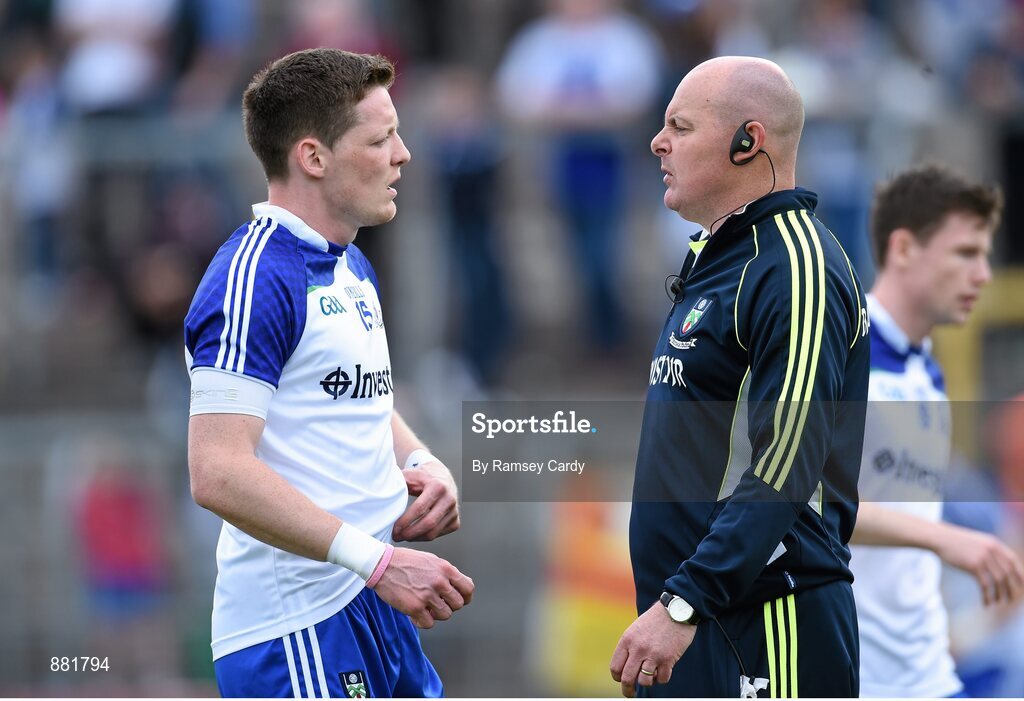 28 June 2014; Monaghan manager Malachy O'Rourke, right, speaks with captain Conor McManus before the match. Ulster GAA Football Senior Championship, Semi-Final, Armagh v Monaghan, St Tiernach's Park, Clones, Co. Monaghan. Picture credit: Ramsey Cardy / SPORTSFILE