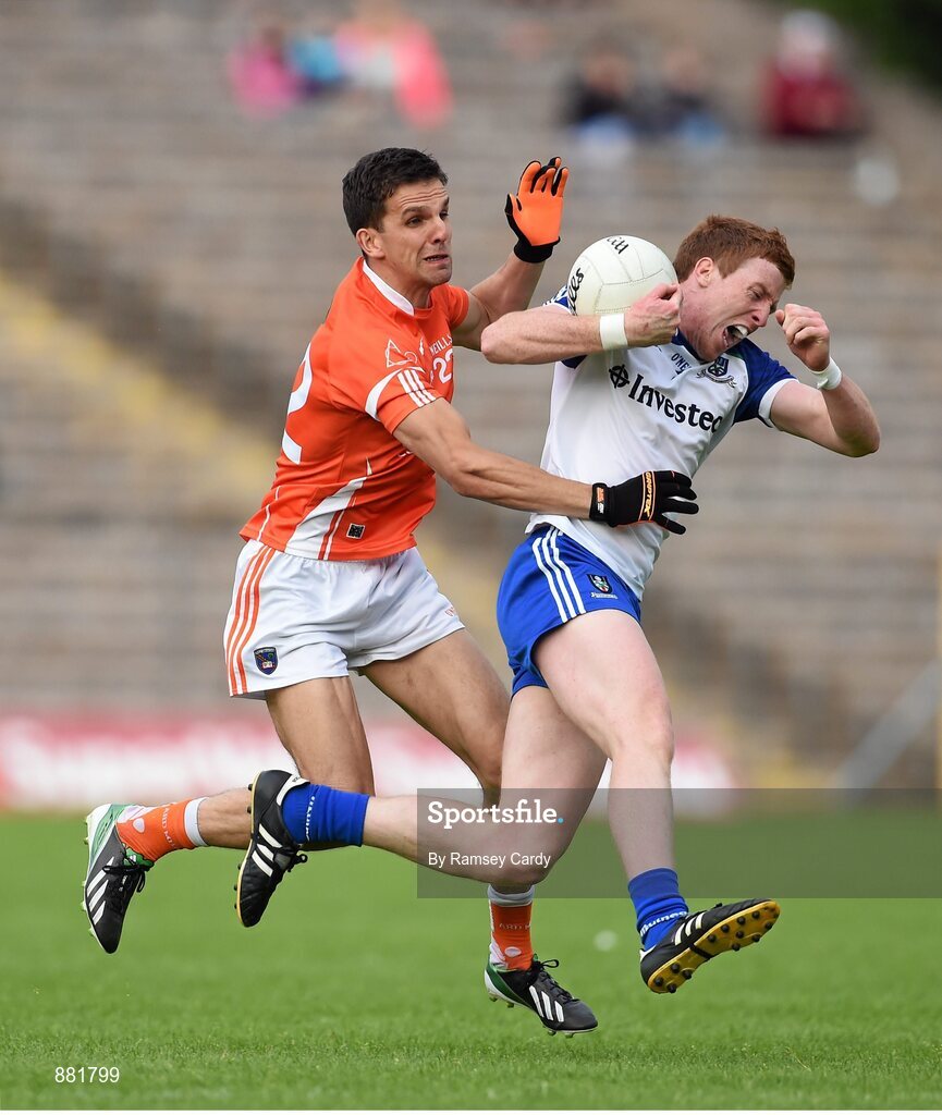 28 June 2014; Kieran Duffy, Monaghan, in action against Stephen Harold, Armagh. Ulster GAA Football Senior Championship, Semi-Final, Armagh v Monaghan, St Tiernach's Park, Clones, Co. Monaghan. Picture credit: Ramsey Cardy / SPORTSFILE