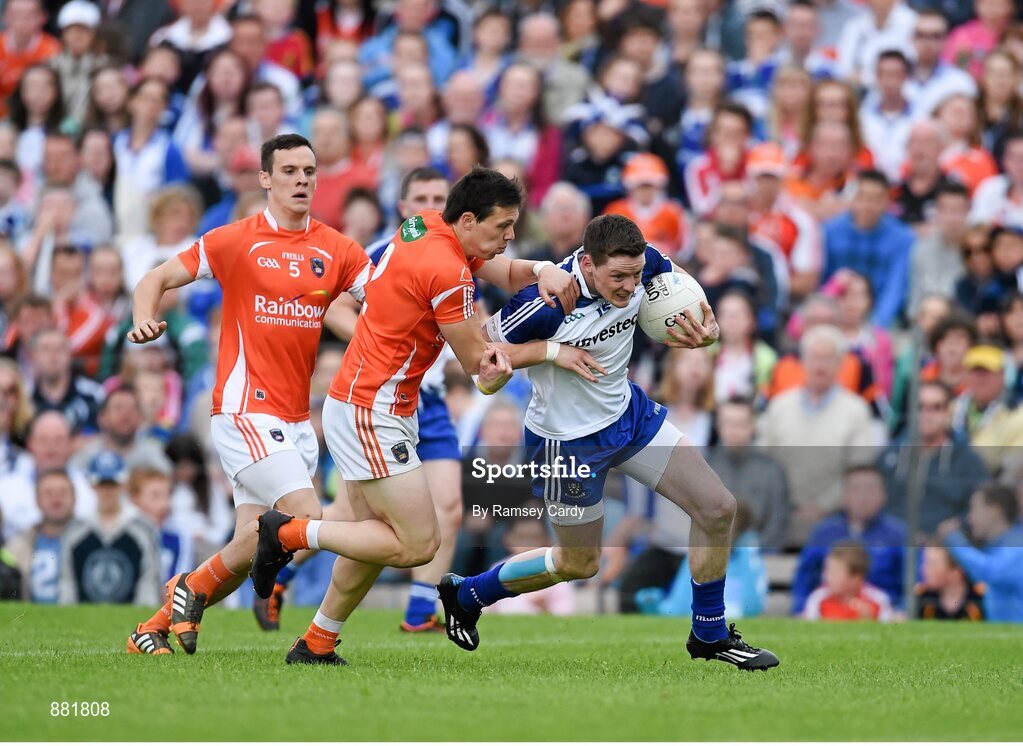 28 June 2014; Conor McManus, Monaghan, in action against James Morgan, Armagh. Ulster GAA Football Senior Championship, Semi-Final, Armagh v Monaghan, St Tiernach's Park, Clones, Co. Monaghan. Picture credit: Ramsey Cardy / SPORTSFILE