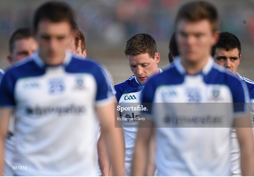 28 June 2014; Monaghan's Conor McManus, centre, leaves the field alongside team-mates after the match. Ulster GAA Football Senior Championship, Semi-Final, Armagh v Monaghan, St Tiernach's Park, Clones, Co. Monaghan. Picture credit: Ramsey Cardy / SPORTSFILE