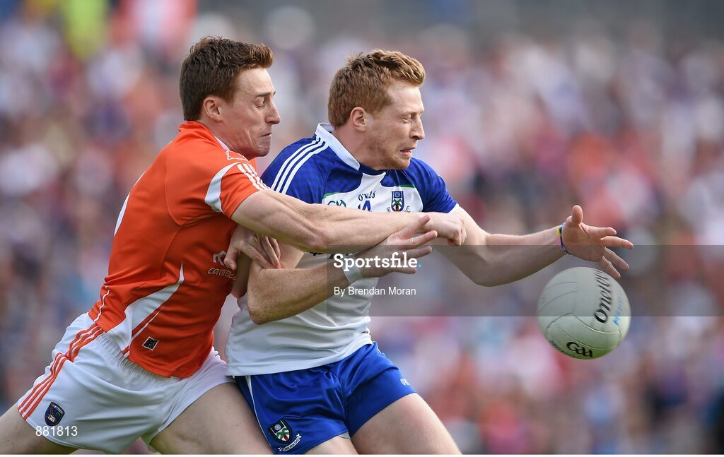 28 June 2014; Kieran Hughes, Monaghan, in action against Charlie Vernon, Armagh. Ulster GAA Football Senior Championship, Semi-Final, Armagh v Monaghan, St Tiernach's Park, Clones, Co. Monaghan. Picture credit: Brendan Moran / SPORTSFILE