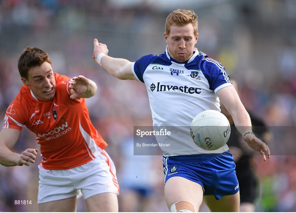28 June 2014; Kieran Hughes, Monaghan, in action against Charlie Vernon, Armagh. Ulster GAA Football Senior Championship, Semi-Final, Armagh v Monaghan, St Tiernach's Park, Clones, Co. Monaghan. Picture credit: Brendan Moran / SPORTSFILE