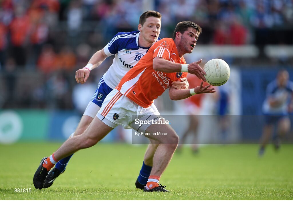 28 June 2014; Eugene McVerry, Armagh, in action against Conor McManus, Monaghan. Ulster GAA Football Senior Championship, Semi-Final, Armagh v Monaghan, St Tiernach's Park, Clones, Co. Monaghan. Picture credit: Brendan Moran / SPORTSFILE