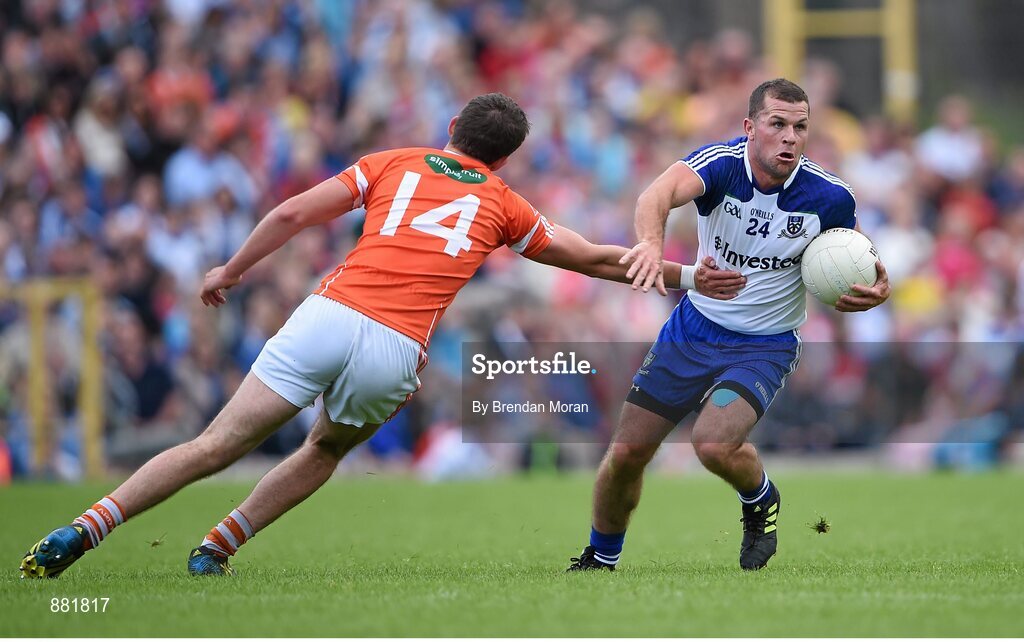 28 June 2014; Padraig Donaghy, Monaghan, in action against Ethan Rafferty, Armagh. Ulster GAA Football Senior Championship, Semi-Final, Armagh v Monaghan, St Tiernach's Park, Clones, Co. Monaghan. Picture credit: Brendan Moran / SPORTSFILE