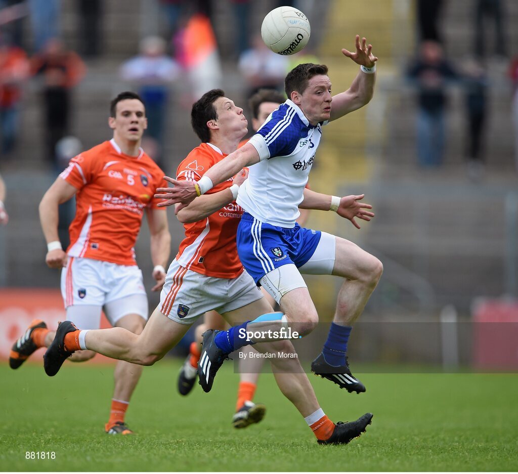 28 June 2014; Conor McManus, Monaghan, in action against James Morgan, Armagh. Ulster GAA Football Senior Championship, Semi-Final, Armagh v Monaghan, St Tiernach's Park, Clones, Co. Monaghan. Picture credit: Brendan Moran / SPORTSFILE