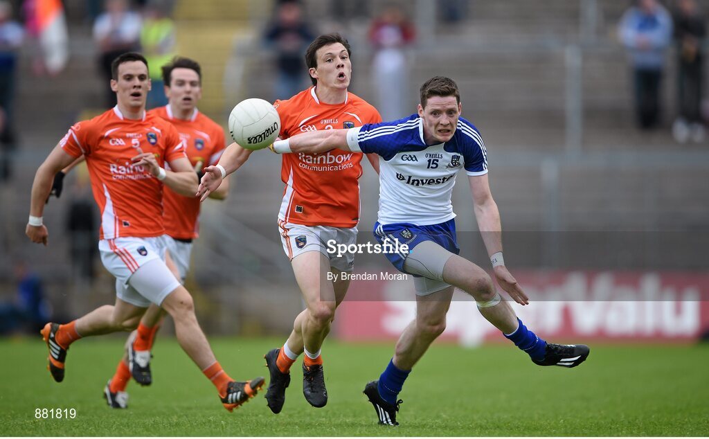 28 June 2014; Conor McManus, Monaghan, in action against James Morgan, Armagh. Ulster GAA Football Senior Championship, Semi-Final, Armagh v Monaghan, St Tiernach's Park, Clones, Co. Monaghan. Picture credit: Brendan Moran / SPORTSFILE