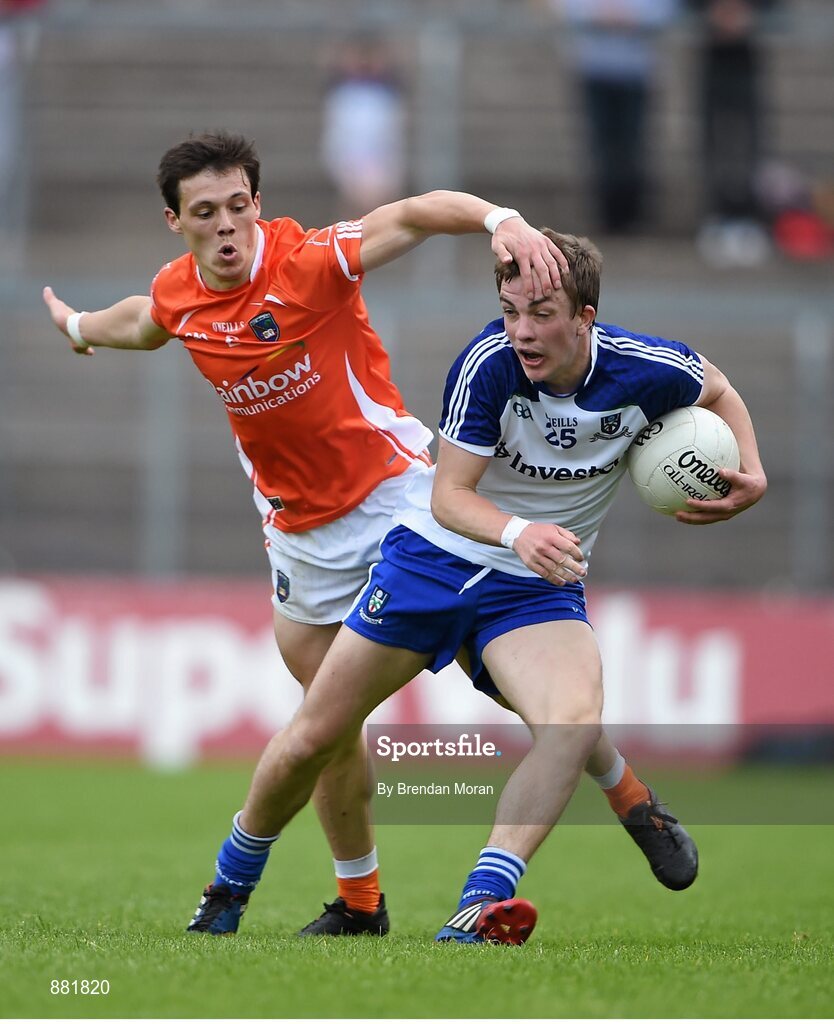 28 June 2014; Jack McCarron, Monaghan, in action against James Morgan, Armagh. Ulster GAA Football Senior Championship, Semi-Final, Armagh v Monaghan, St Tiernach's Park, Clones, Co. Monaghan. Picture credit: Brendan Moran / SPORTSFILE