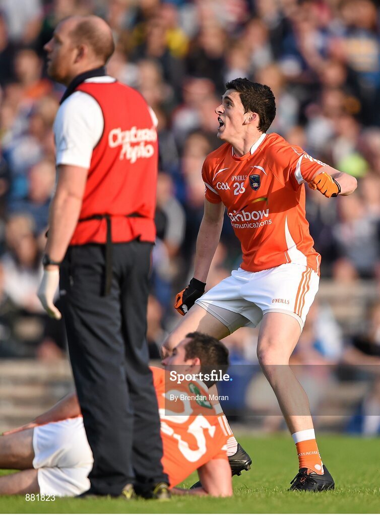28 June 2014; Rory Grugan, Armagh, watches as his free in the last second goes over the bar to equalise the game and send it to a replay. Ulster GAA Football Senior Championship, Semi-Final, Armagh v Monaghan, St Tiernach's Park, Clones, Co. Monaghan. Picture credit: Brendan Moran / SPORTSFILE