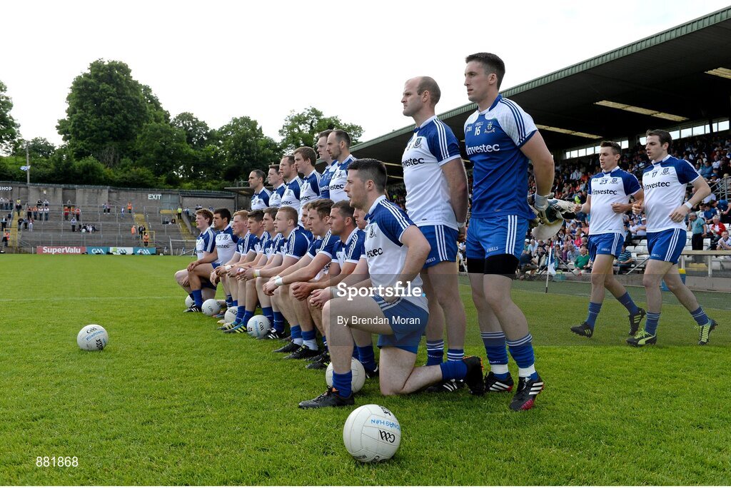 28 June 2014; The Monaghan team assemble for their team photo before the game. Ulster GAA Football Senior Championship, Semi-Final, Armagh v Monaghan, St Tiernach's Park, Clones, Co. Monaghan. Picture credit: Brendan Moran / SPORTSFILE