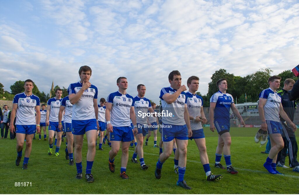 28 June 2014; The Monaghan team leave the pitch after the game. Ulster GAA Football Senior Championship, Semi-Final, Armagh v Monaghan, St Tiernach's Park, Clones, Co. Monaghan. Picture credit: Brendan Moran / SPORTSFILE