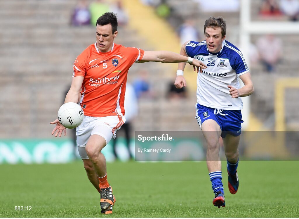 28 June 2014; Mark Shields, Armagh, in action against Jack McCarron, Monaghan. Ulster GAA Football Senior Championship, Semi-Final, Armagh v Monaghan, St Tiernach's Park, Clones, Co. Monaghan. Picture credit: Ramsey Cardy / SPORTSFILE