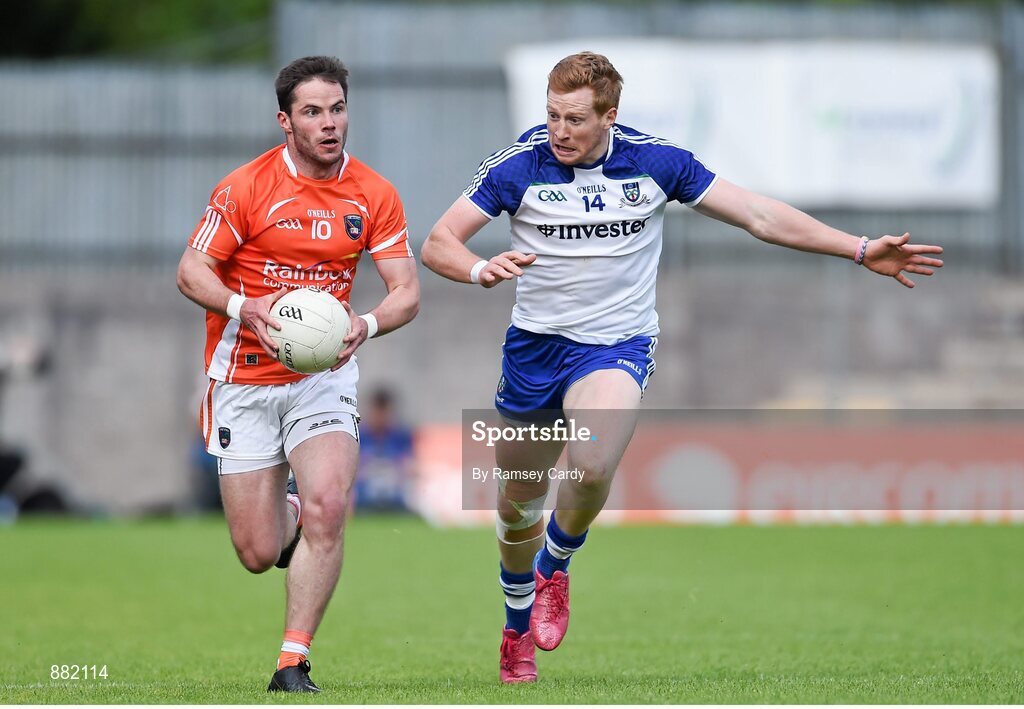 28 June 2014; Eugene McVerry, Armagh, in action against Kieran Hughes, Monaghan. Ulster GAA Football Senior Championship, Semi-Final, Armagh v Monaghan, St Tiernach's Park, Clones, Co. Monaghan. Picture credit: Ramsey Cardy / SPORTSFILE