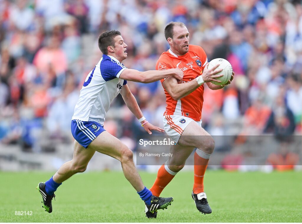 28 June 2014; Ciaran McKeever, Armagh, in action against Ryan Wylie, Monaghan. Ulster GAA Football Senior Championship, Semi-Final, Armagh v Monaghan, St Tiernach's Park, Clones, Co. Monaghan. Picture credit: Ramsey Cardy / SPORTSFILE