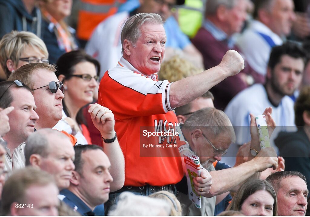 28 June 2014; An Armagh supporter cheers on his side late in the game. Ulster GAA Football Senior Championship, Semi-Final, Armagh v Monaghan, St Tiernach's Park, Clones, Co. Monaghan. Picture credit: Ramsey Cardy / SPORTSFILE
