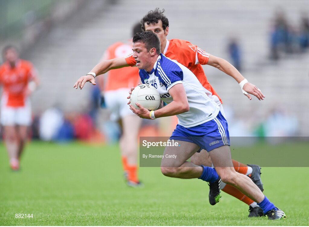 28 June 2014; Ryan Wylie, Monaghan, in action against Jamie Clarke, Armagh. Ulster GAA Football Senior Championship, Semi-Final, Armagh v Monaghan, St Tiernach's Park, Clones, Co. Monaghan. Picture credit: Ramsey Cardy / SPORTSFILE
