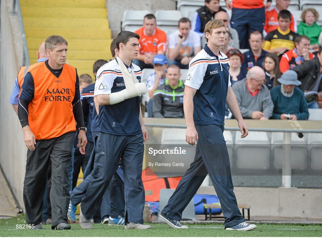 28 June 2014; Armagh's Kieran Toner, right, Caolan Rafferty, centre, and assistant manager Kieran McGeeney. Ulster GAA Football Senior Championship, Semi-Final, Armagh v Monaghan, St Tiernach's Park, Clones, Co. Monaghan. Picture credit: Ramsey Cardy / SPORTSFILE