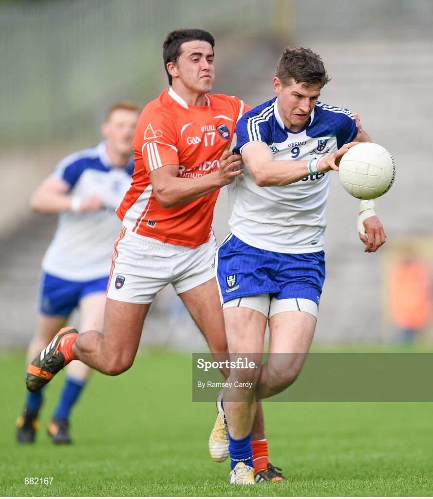 28 June 2014; Darren Hughes, Monaghan, in action against Stefan Campbell, Armagh. Ulster GAA Football Senior Championship, Semi-Final, Armagh v Monaghan, St Tiernach's Park, Clones, Co. Monaghan. Picture credit: Ramsey Cardy / SPORTSFILE