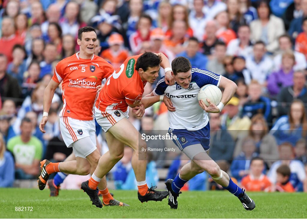 28 June 2014; Conor McManus, Monaghan, in action against James Morgan, Armagh. Ulster GAA Football Senior Championship, Semi-Final, Armagh v Monaghan, St Tiernach's Park, Clones, Co. Monaghan. Picture credit: Ramsey Cardy / SPORTSFILE