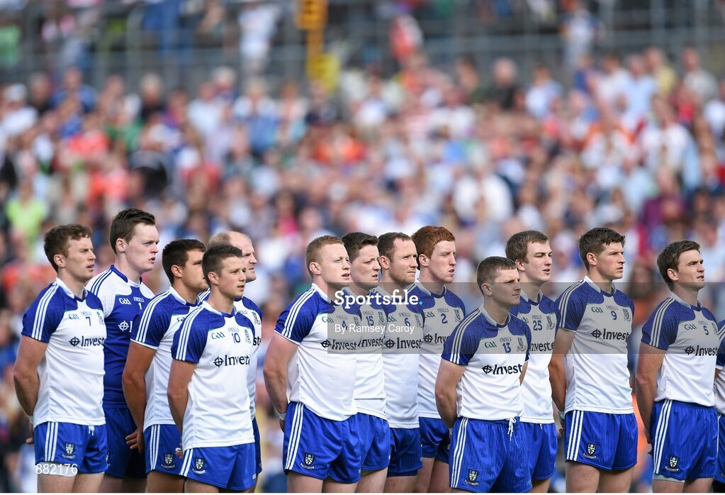 28 June 2014; The Monaghan team during the National Anthem. Ulster GAA Football Senior Championship, Semi-Final, Armagh v Monaghan, St Tiernach's Park, Clones, Co. Monaghan. Picture credit: Ramsey Cardy / SPORTSFILE