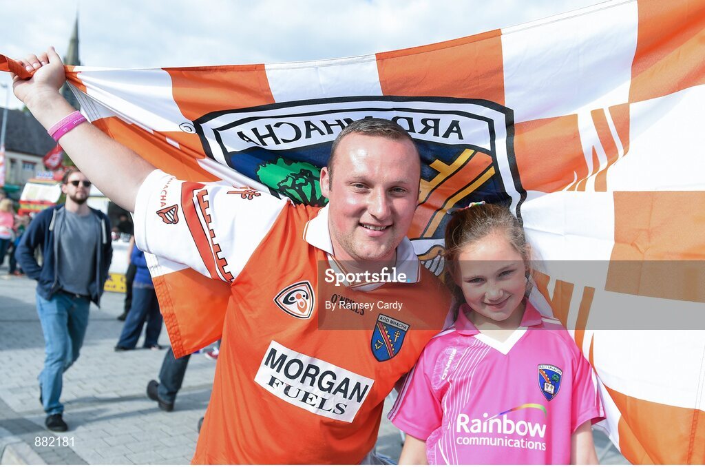 28 June 2014; Armagh supporters Aaron and Katylyn O'Neill, aged 9, from Portadown, Co. Armagh. Ulster GAA Football Senior Championship, Semi-Final, Armagh v Monaghan, St Tiernach's Park, Clones, Co. Monaghan. Picture credit: Ramsey Cardy / SPORTSFILE