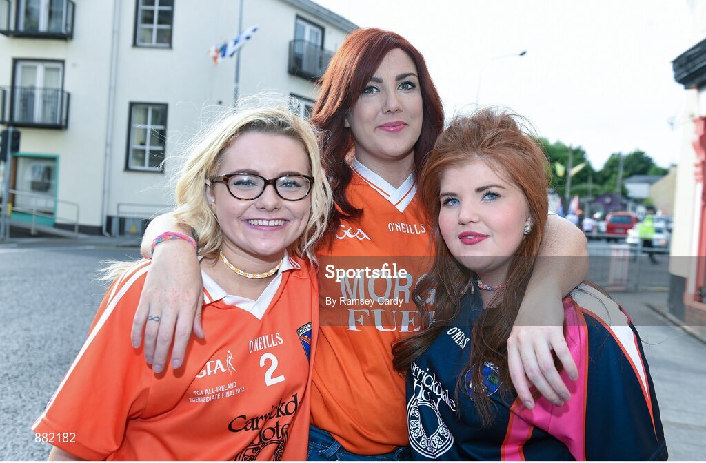 28 June 2014; Armagh supporters Lauryn McCann, left, Martina McAcalney, centre, and Ria Grimley. Ulster GAA Football Senior Championship, Semi-Final, Armagh v Monaghan, St Tiernach's Park, Clones, Co. Monaghan. Picture credit: Ramsey Cardy / SPORTSFILE