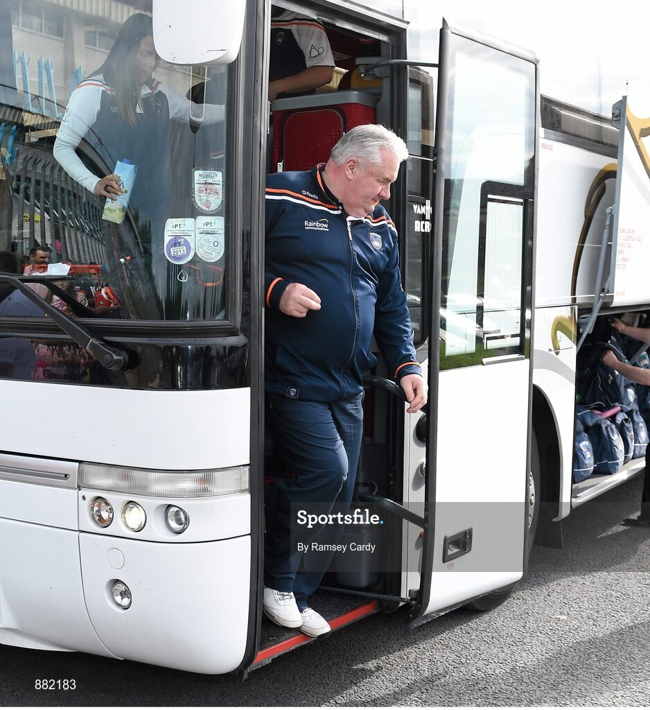 28 June 2014; Armagh manager Paul Grimley steps off the team bus before the match. Ulster GAA Football Senior Championship, Semi-Final, Armagh v Monaghan, St Tiernach's Park, Clones, Co. Monaghan. Picture credit: Ramsey Cardy / SPORTSFILE