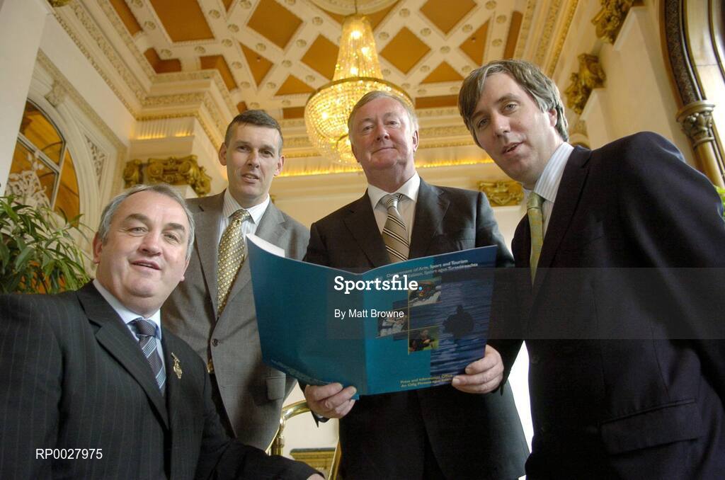 12 July 2006; John O'Donoghue, T.D., Minister for Arts, Sport and Tourism, second from right, with, from left, Nickey Brennan, President, GAA, Philip Browne, CEO, IRFU, and John Delaney, CEO, FAI, at the announcement of allocations to the value of €21.254 million to 78 National, Regional and Municipal / Multi-purpose sports projects around the country under the Sports Capital Programme. Westin Hotel, Dublin. Picture credit: Matt Browne / SPORTSFILE