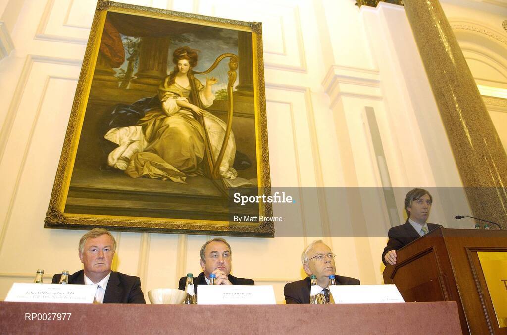 12 July 2006; John Delaney, CEO, FAI, speaking at the announcement of allocations to the value of €21.254 million to 78 National, Regional and Municipal / Multi-purpose sports projects around the country under the Sports Capital Programme as, from left, John O'Donoghue, T.D., Minister for Arts, Sport and Tourism, Nickey Brennan, President, GAA, Philip Furlong, Secretary General Department of Arts Sport and Tourism. Westin Hotel, Dublin. Picture credit: Matt Browne / SPORTSFILE