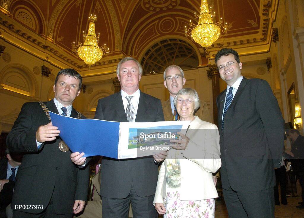 12 July 2006; John O'Donoghue T.D. Minister for Arts, Sport and Tourism, second from left, with Cll La Byrne, Margret Conway and Joseph Stewart from Tullamore Co. Offaly at the announcement of allocations to the value of €21.254 million to 78 National, Regional and Municipal / Multi-purpose sports projects around the country under the Sports Capital Programme. Westin Hotel, Dublin. Picture credit: Matt Browne / SPORTSFILE