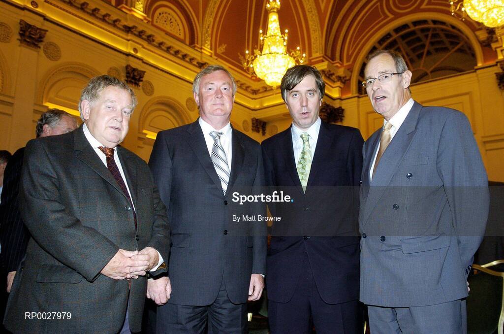 12 July 2006; John O'Donoghue T.D. Minister for Arts, Sport and Tourism, second left, with Ciaran Temple, Chairman of Athlone Town Stadium, John Delaney, CEO, FAI, and Tom Burke, Project Manager of Athlone Town Stadium, at the announcement of allocations to the value of €21.254 million to 78 National, Regional and Municipal / Multi-purpose sports projects around the country under the Sports Capital Programme. Westin Hotel, Dublin. Picture credit: Matt Browne / SPORTSFILE