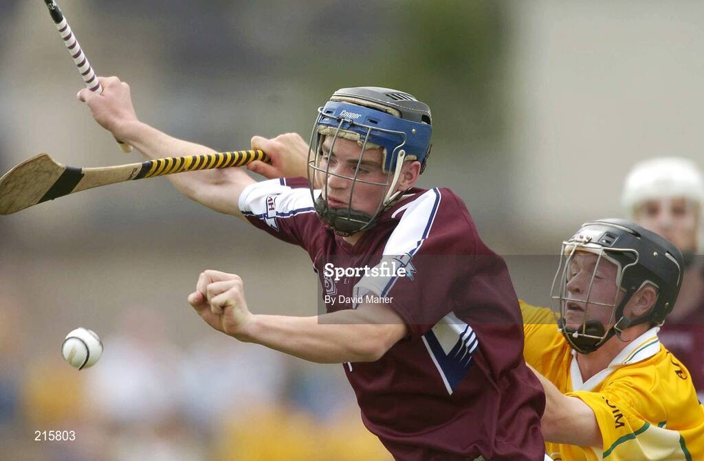 23 July 2006; Greg Lally, Galway, in action against Peter Dallat, Antrim. ESB All-Ireland Minor Hurling Championship Quarter-Final, Galway v Antrim, Cusack Park, Mullingar, Co. Westmeath. Picture credit: David Maher / SPORTSFILE