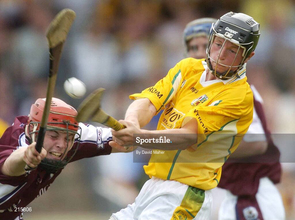 23 July 2006; Peter Dallat, Antrim, in action against Laurence Tully, Galway. ESB All-Ireland Minor Hurling Championship Quarter-Final, Galway v Antrim, Cusack Park, Mullingar, Co. Westmeath. Picture credit: David Maher / SPORTSFILE