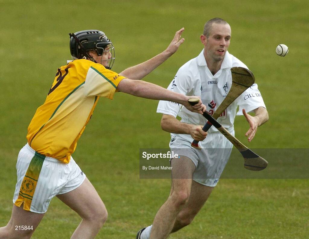 23 July 2006; Eoin Hannon, Kildare, in action against Brendan Delargy, Antrim. Christy Ring Cup Semi-Final, Kildare v Antrim, Cusack Park, Mullingar, Co. Westmeath. Picture credit: David Maher / SPORTSFILE