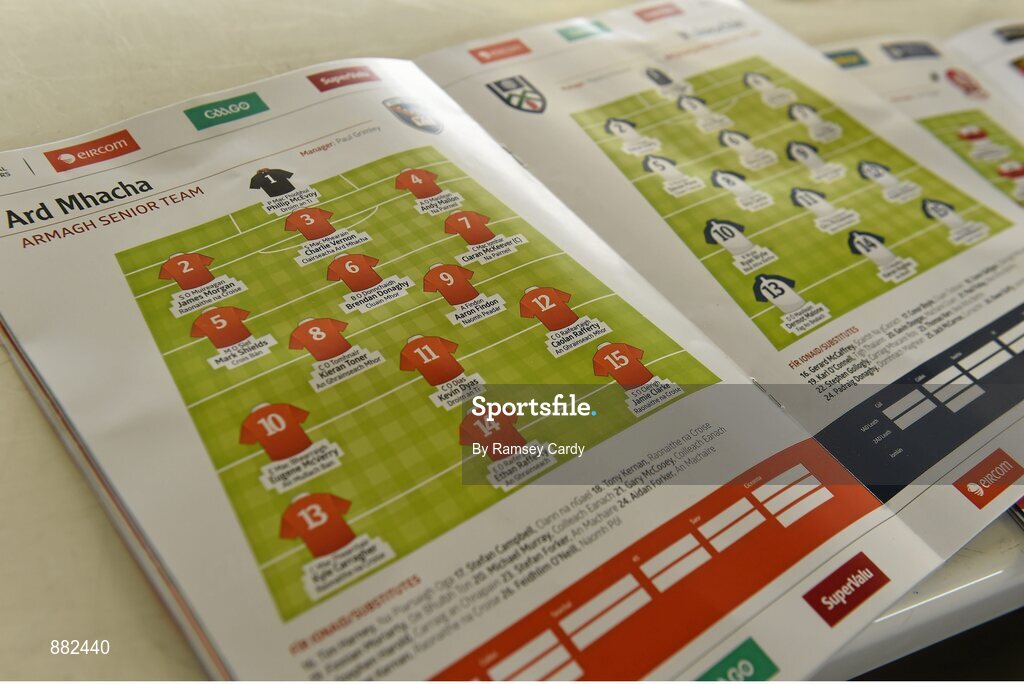 28 June 2014; The names of suspended Armagh players Andy Mallon, 4, Brendan Donaghy, 6, and Kieran Toner, 8, are named in the match programme after having their appeal rejected. Ulster GAA Football Senior Championship, Semi-Final, Armagh v Monaghan, St Tiernach's Park, Clones, Co. Monaghan. Picture credit: Ramsey Cardy / SPORTSFILE