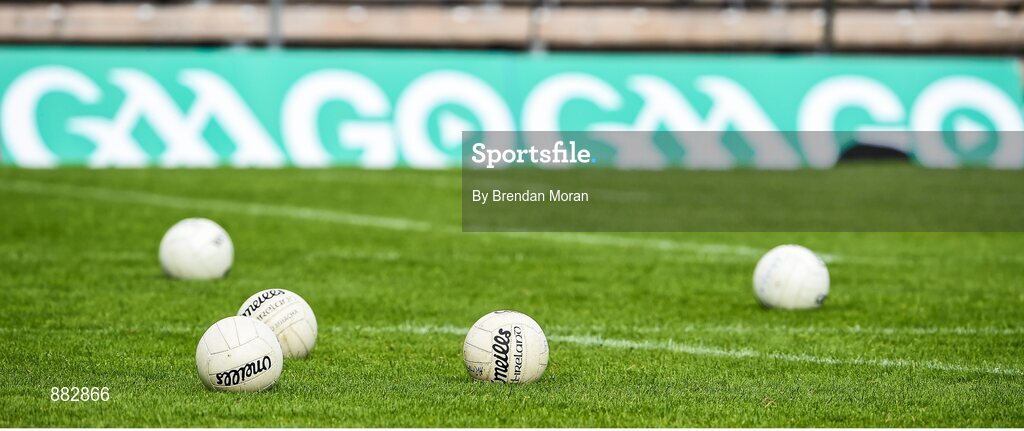 28 June 2014; A view of gaelic footballs and GAAGO signage. Ulster GAA Football Senior Championship, Semi-Final, Armagh v Monaghan, St Tiernach's Park, Clones, Co. Monaghan. Picture credit: Brendan Moran / SPORTSFILE