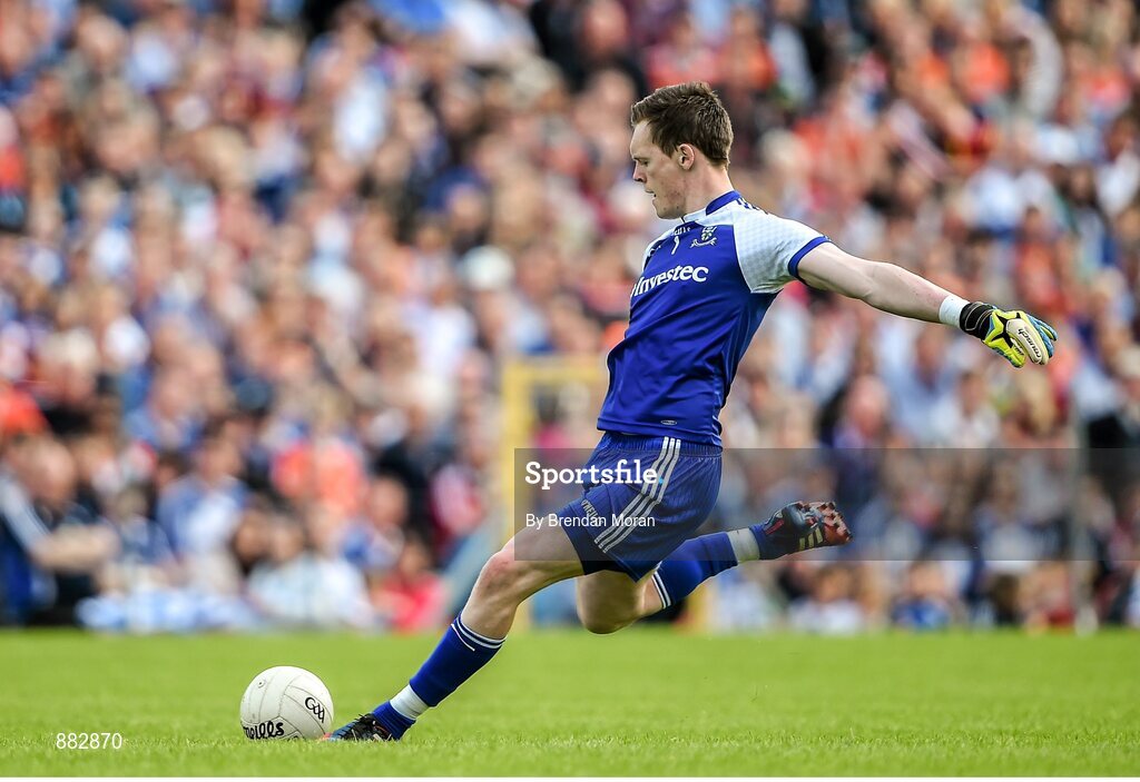 28 June 2014; Rory Beggan, Monaghan, takes a free kick. Ulster GAA Football Senior Championship, Semi-Final, Armagh v Monaghan, St Tiernach's Park, Clones, Co. Monaghan. Picture credit: Brendan Moran / SPORTSFILE